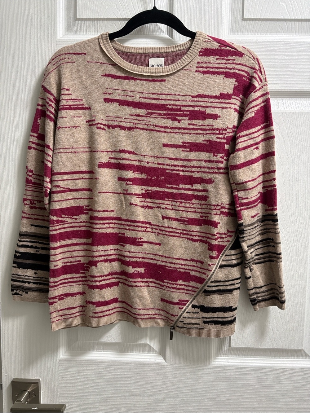 NIC+ZOE Beige and Berry Abstract-Stripe Crew Sweater with Side Zip